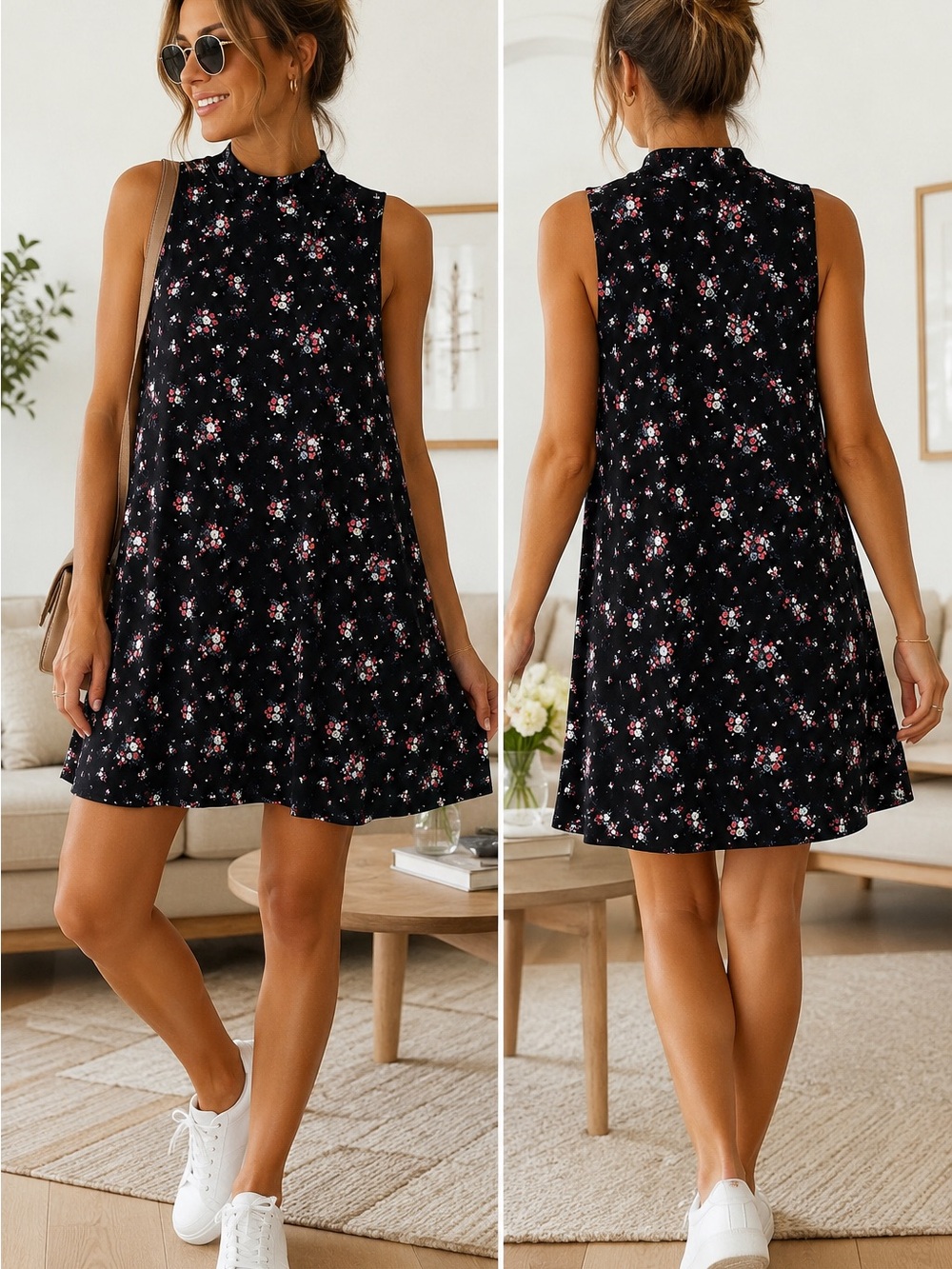 Sleeveless Black Floral Swing Dress